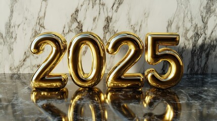2025 gold numbers on marble background.