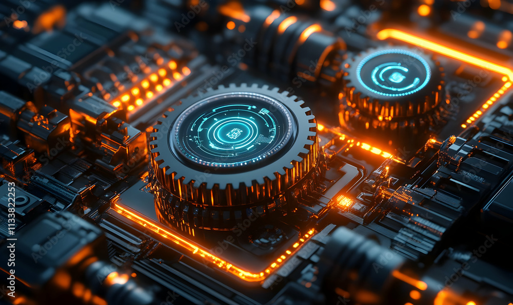 Poster a close-up of a futuristic circuit board with glowing elements and gears.