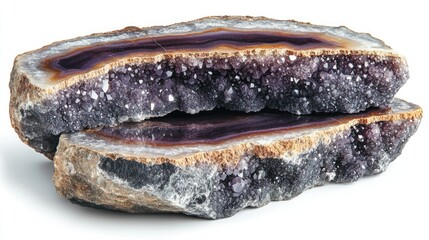 Two stacked slices of amethyst geode with agate.