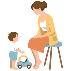 Mother Takes Care of Toddler and Play with Toys.