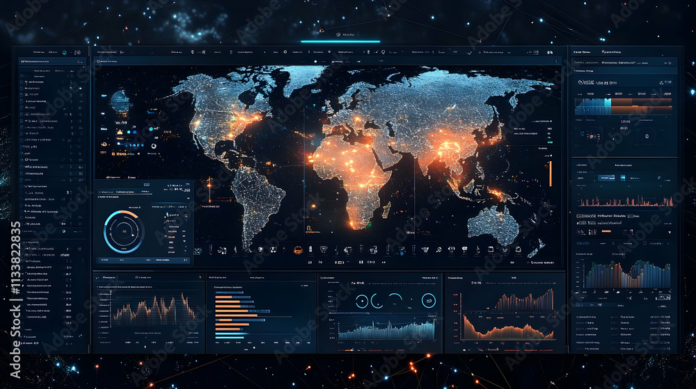 Poster a futuristic data visualization dashboard displaying global maps and analytics.