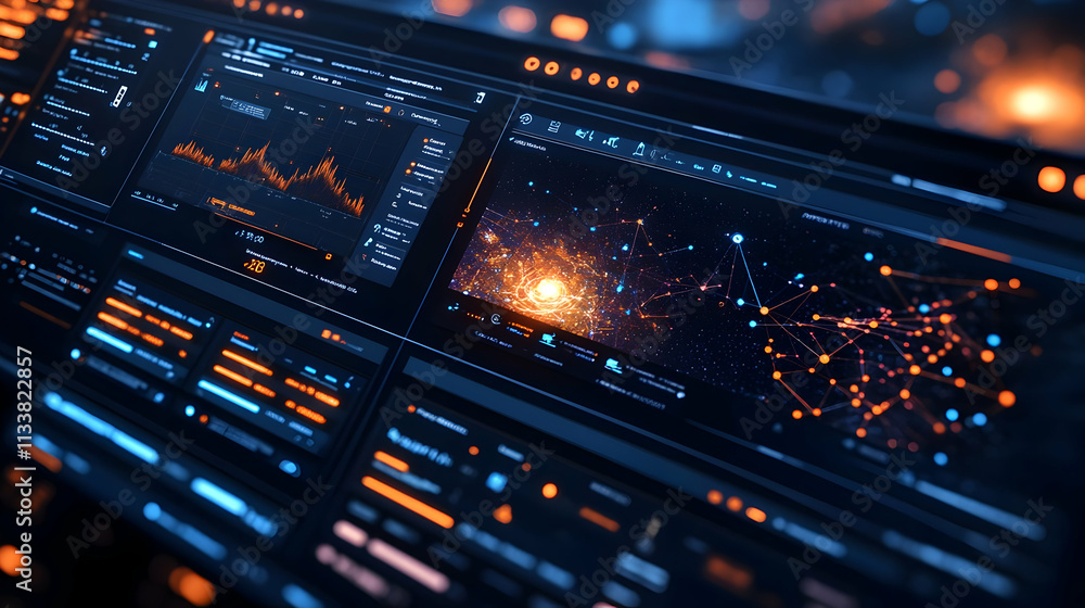 Poster a futuristic data dashboard displaying complex analytics and visualizations.