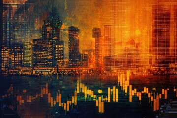Vibrant Cityscape at Night with Abstract Financial Data Visualization and Colorful Graphs on the Foreground, Ideal for Business and Finance Themes