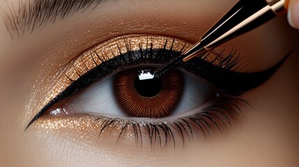 Close-up of an eye with dramatic eyeliner application and shimmering eyeshadow.