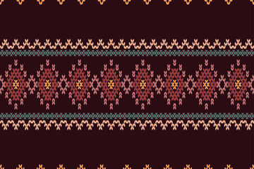 Ikat cross stitch geometric embroidery seamless knitted pattern on damask background. Perfect decorative design for sweater, fabric, decoration, illustration, ornament, texture, textile, interior