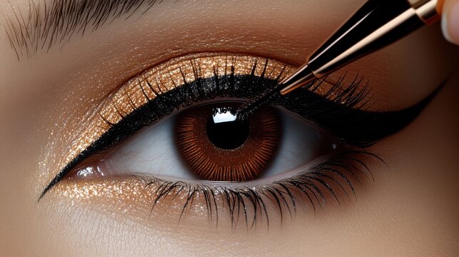 Close-up of an eye with dramatic eyeliner application and shimmering eyeshadow.