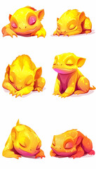 Six adorable cartoon yellow frogs in various sleeping poses.