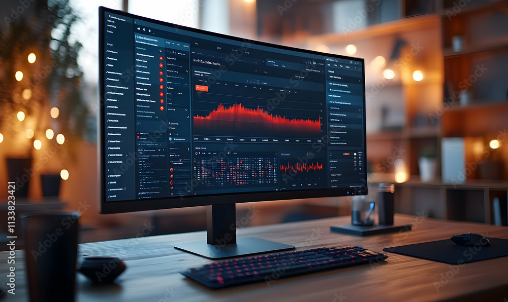 Poster a computer monitor displaying data analytics in a modern workspace.