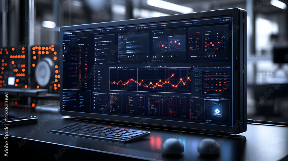 Poster a high-tech monitor displays data analytics and graphs in a modern workspace.