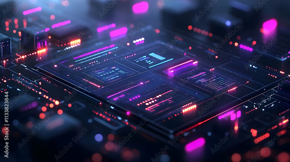 Poster a futuristic digital circuit board with glowing elements and data displays.