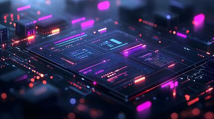 Obraz premium A futuristic digital circuit board with glowing elements and data displays.
