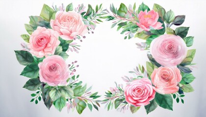 Soft pink roses and greenery create a beautiful floral frame.