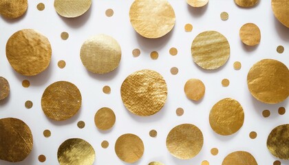 Golden circles and confetti on white background. Festive backdrop.