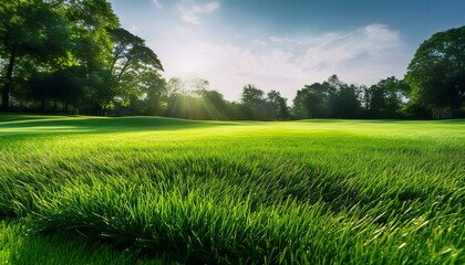 Sunbeams illuminate a vibrant green field, surrounded by lush trees.