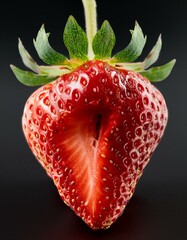 A vibrant, juicy strawberry, halved to reveal its succulent interior, stands out against a dark background.