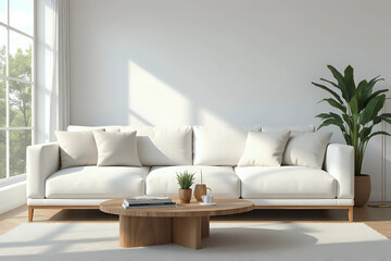 Modern living room with a white couch, wooden coffee table, and neutral decor. Front view.
