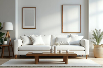 Modern living room with a white couch, wooden coffee table, and neutral decor. Front view.