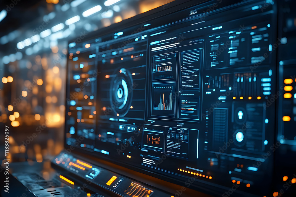 Poster futuristic control panel displaying data and analytics in a high-tech environment.