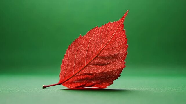 A bright red leaf gliding gracefully against the backdrop. Green screen chromakey