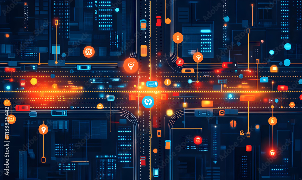 Poster a digital representation of a city traffic intersection with data overlays and navigation icons.