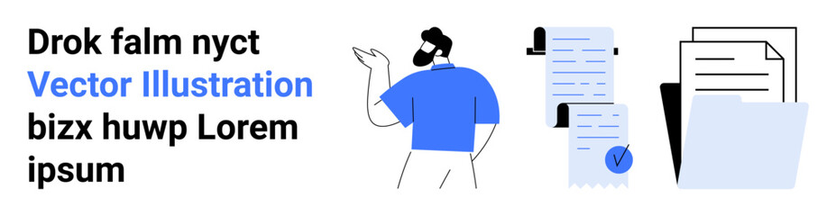 Person gesturing beside documents and a folder. Ideal for business, office, presentations, project planning, documentation, reports, educational content, infographics. Landing page