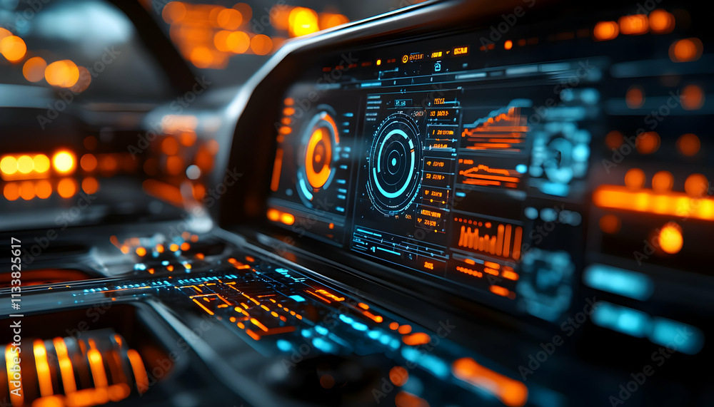 Poster futuristic dashboard with glowing interfaces and data displays.