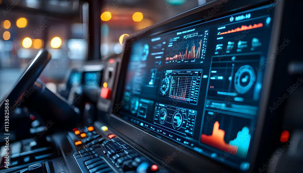 Poster control panel with data displays and controls for monitoring systems.