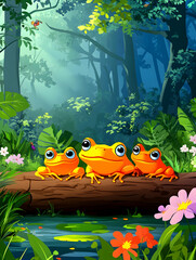 Three orange frogs sit on a log by a pond in a lush green forest.