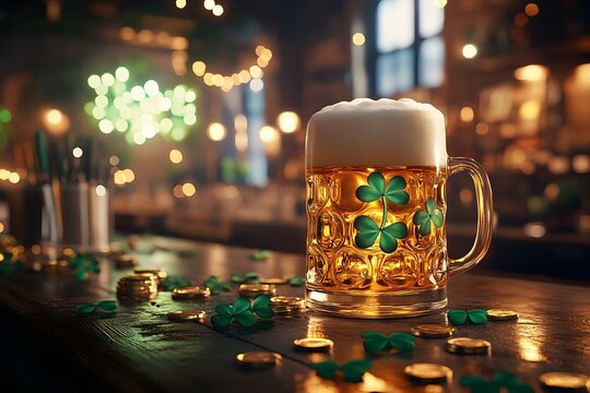 A cozy bar with rustic wooden tables, adorned with clover decorations and beer glasses, set against the backdrop of a St. Patrick's Day celebration