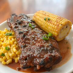 Una deliciosa costilla especiada, con elote asado