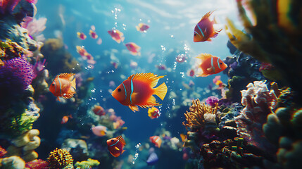 Fototapeta premium A colorful fish swimming in a coral reef with other fish