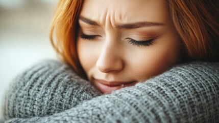 A close-up of a woman embracing herself, conveying emotions of comfort and introspection.