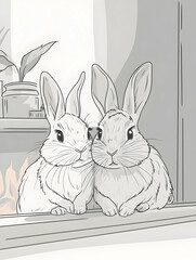 Two adorable bunnies sitting on a windowsill, looking out.
