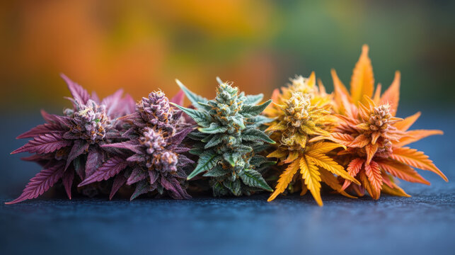Vibrant cannabis flower buds in various colors, showcasing purple, green, yellow, and orange hues. Each bud displays unique characteristics, highlighting diversity of cannabis strains