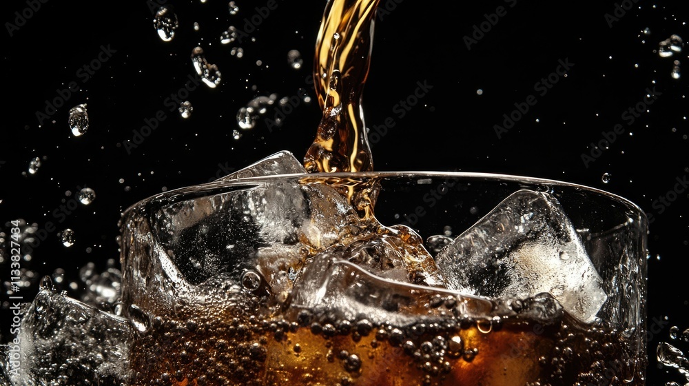 Poster refreshing iced coffee with ice cubes splashing