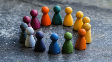 Colorful wooden figures arranged in circle on textured surface, symbolizing unity and diversity. These figures represent community and togetherness