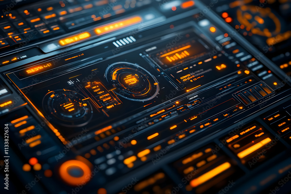 Poster futuristic digital interface with glowing elements and data displays.