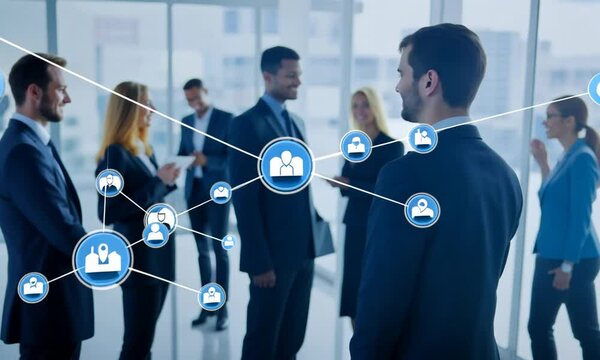 Business networking scene with digital connections among professionals in a modern office setting.