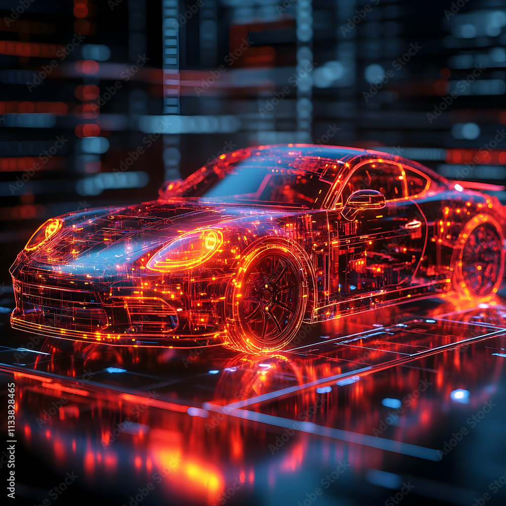 Poster a futuristic car design illuminated with vibrant digital lights and patterns.