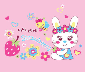 Cute rabbit who loves fresh carrot fruit surrounded by beautiful flowers  
