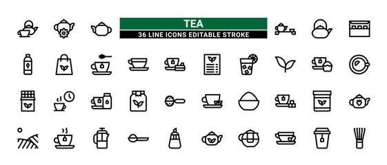 36 Tea Line Icons Set Pack Editable Stroke Vector Illustration.