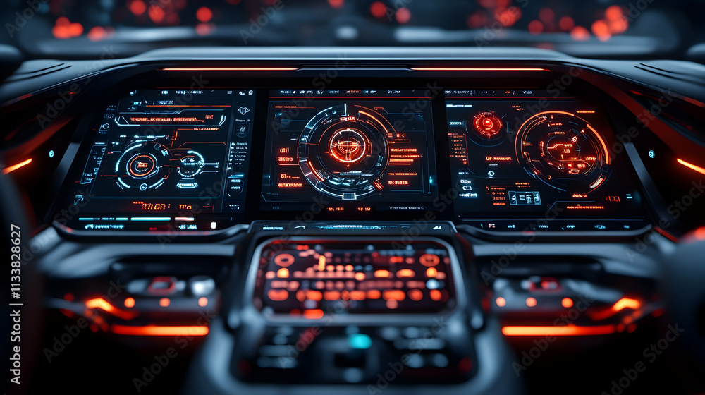 Poster futuristic vehicle dashboard with multiple screens displaying data and controls.