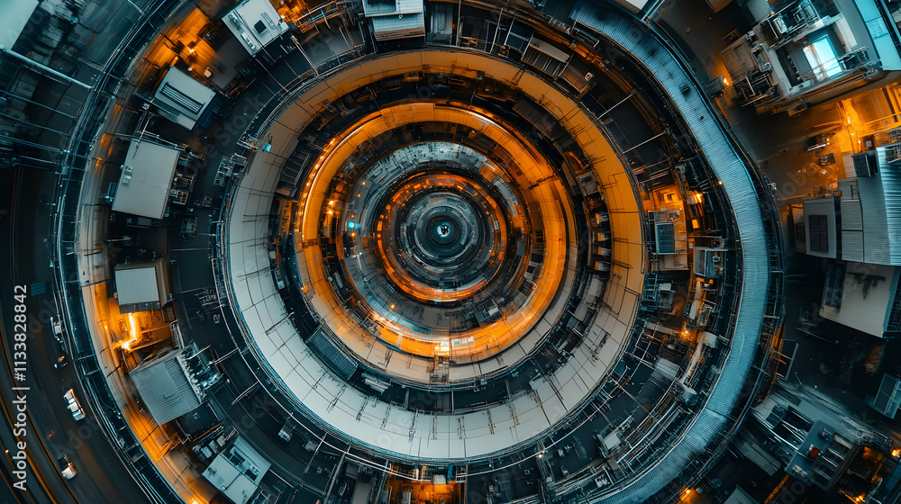 Poster aerial view of a circular industrial structure with intricate patterns and warm lighting.