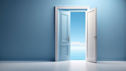 minimalistic 3d rendering of an open door in a clean blue space, symbolizing opportunity and potential, with soft shadows creating depth and a sense of openness