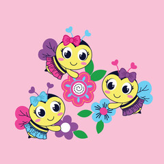 Vector illustration of cute bee with beautiful flower