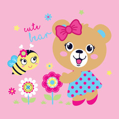 Vector illustration of cute bear with beautiful flowers