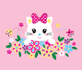 Vector illustration of cute cat with beautiful flowers