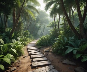 Zigzagging pathway amidst dense tropical forest, adventure, greenery, tropical, travel