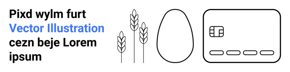Wheat stalks, an egg, and a credit card headline the image with placeholder text. Ideal for agriculture, economy, farming, finance, market investment food production. Landing page