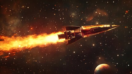 Obraz premium Golden Rocket Soaring Through Starry Cosmic Expanse